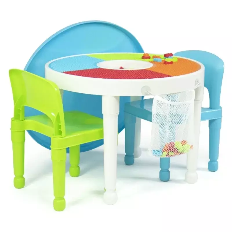 어린이용 플라스틱 활동 테이블 및 의자 2 개 세트, 원형, 흰색, 파란색 및 녹색, 2 인 1