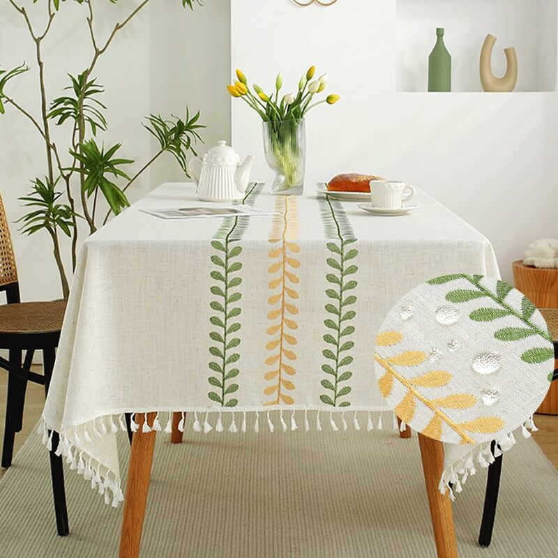 Table Cloth Embroidery Floral Pattern Wrinkle Free Heavy Weight Cotton Linen Farmhouse Tablecloth Decorative Outdoor Table Cover