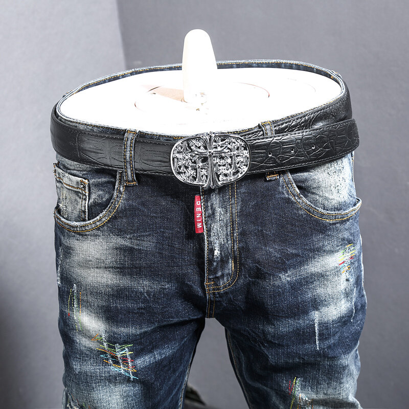 Джинсы мужские Стрейчевые с вышивкой, модные брюки в стиле ретро, рваные брюки в стиле хип-хоп, с соединением, черные синие, уличная одежда
