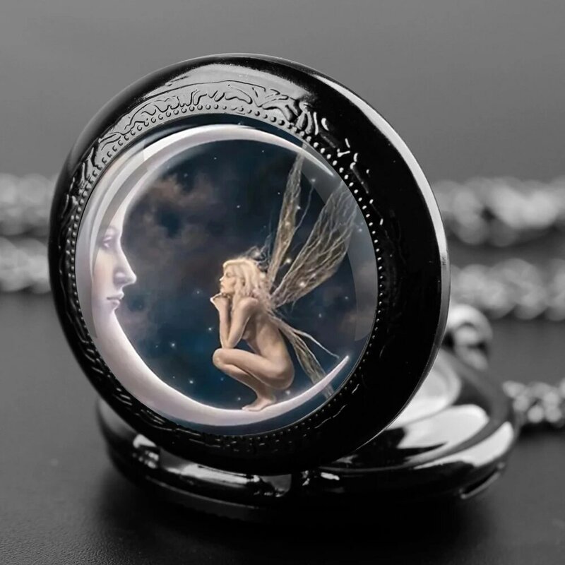 Jam tangan saku Quartz antik kubah kaca desain anak perempuan bulan klasik hadiah perhiasan jam tangan rantai kalung liontin wanita pria