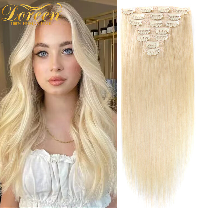 Doreen #60 Bleach Blonde 160G 120G Full Head Clip In Human Hair Extensions Machine Remy Real European Hair Weft Clips On14-26