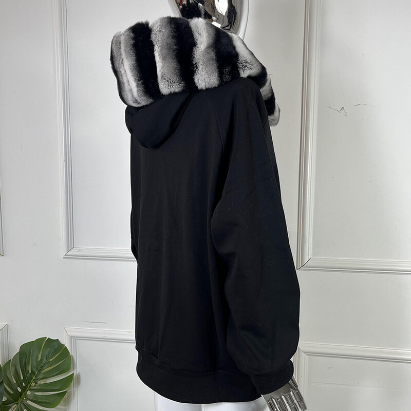 Real Rex Rabbit Fur Coat Women Casual Hoodie New Autumn Winter Trendy Cashmere Sweater Jacket