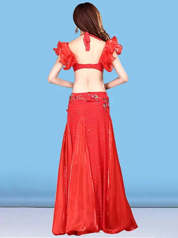 Roupa dançante indiana para mulheres, sutiã com dança do ventre, bordado frisado, saias de fenda, figurino de performance de palco, roupas femininas, verão