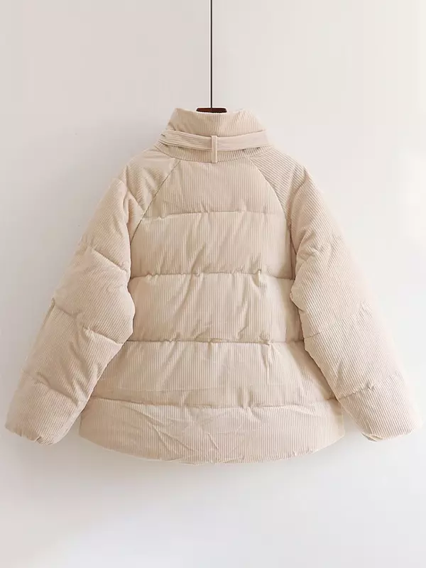 Jaqueta de veludo de veludo para mulheres, gola, acolchoamento Parkas, moda coreana, doce atadura, casaco com zíper, quente para inverno