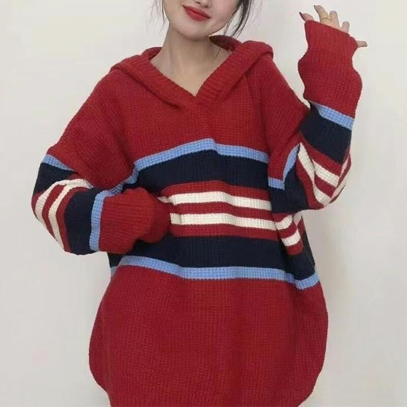 Casual Korean Striped Hooded Sweaters Women's Clothing Fashion Contrasting Colors Spliced Autumn Winter Loose Knitted Jumpers