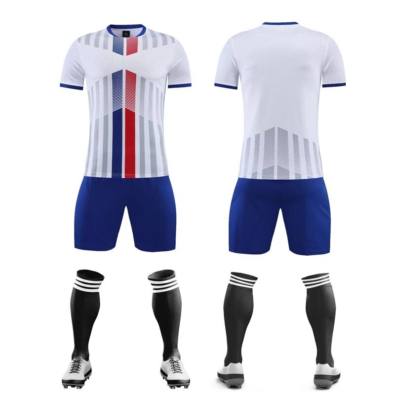 23-24 kaus lengan pendek merek pakaian sepak bola biru merah putih set kaus lengan pendek kustom celana pendek jersey model 2203