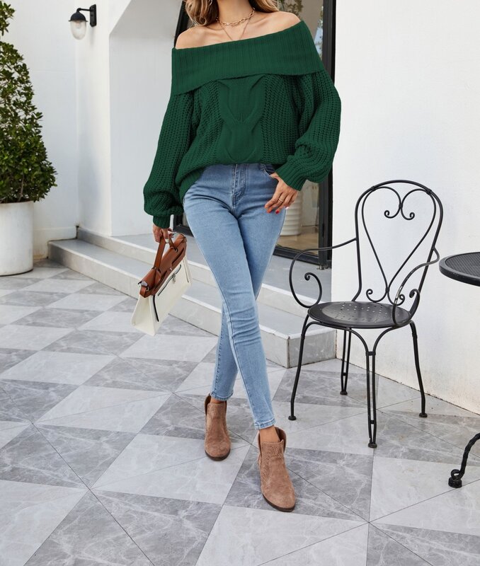 Autumn and Winter New Off Shoulder Sexy Button Rope Knitwear Women's Wide Truffle Shoulder Sweater