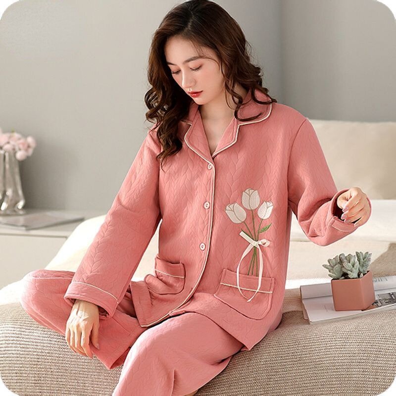 2024 New High-grade Air Cotton Pajama Women Padded Young Middle-aged Long-sleeved Sleepwear Cardigans Autumn Winter Homewear Set