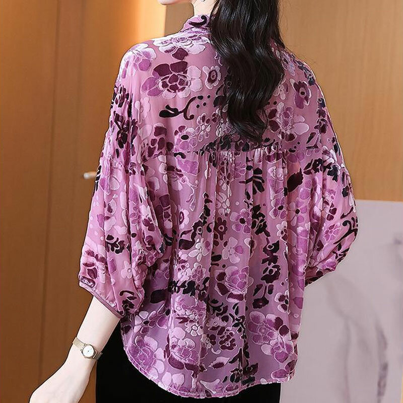 Camisa de manga 3/4 para mujer, blusa holgada con cuello vuelto y botones, tejido Jacquard Irregular, moda Vintage, primavera y verano