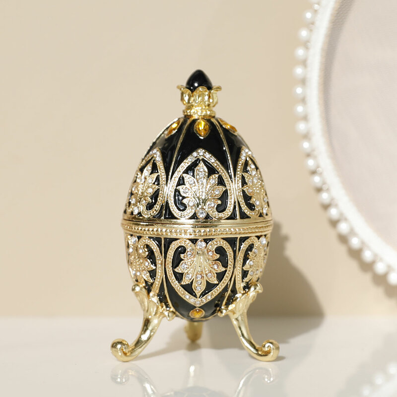1Pc Hand Painted Enameled Red Faberge Egg Style Decorative Trinket Box Hinged Unique Gift for Family