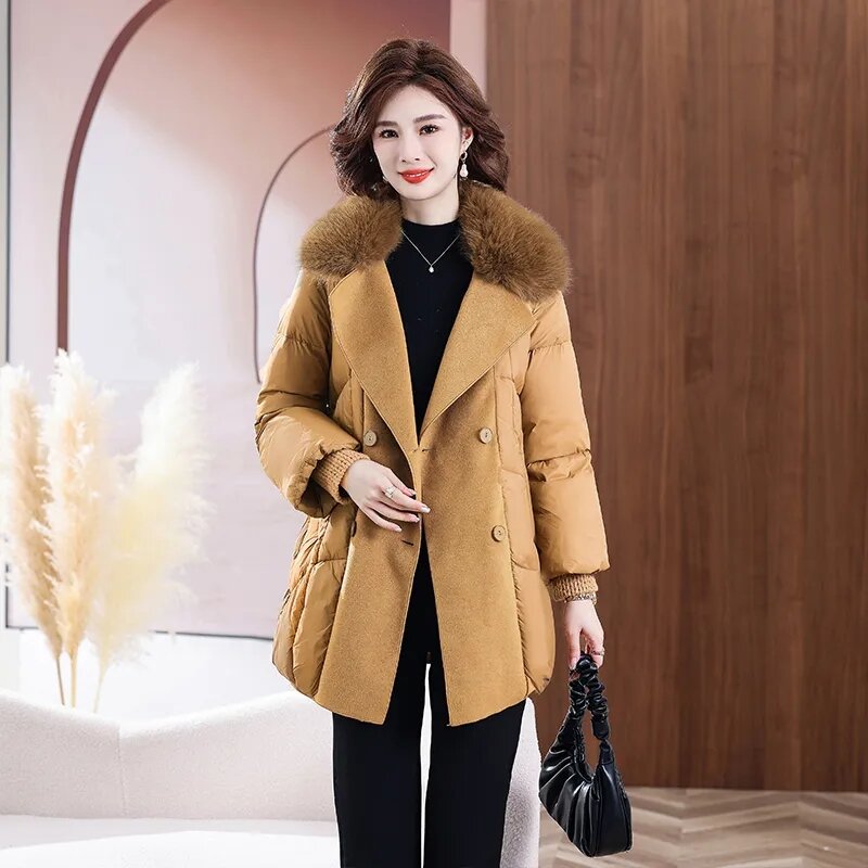 Chaqueta de plumón de pato blanco para mujer, abrigo de lana de retazos, chaqueta de moda de longitud media, Invierno