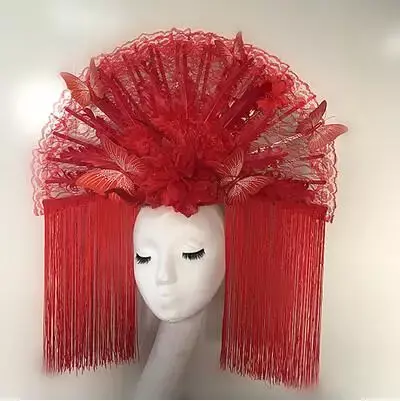 Vêtements de sauna papillon plume rouge pour femme, chapeau de performance exagéré, danse de style chinois