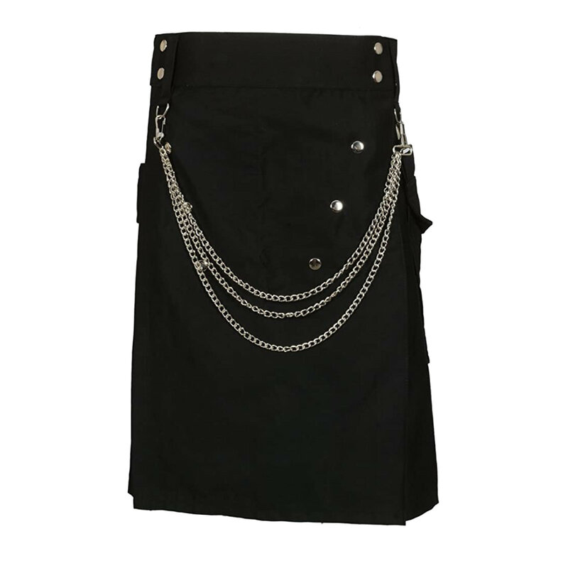 Jupe plissée gothique noire pour hommes, kilt cargo vintage, ceinture en métal, mode cool, haute qualité