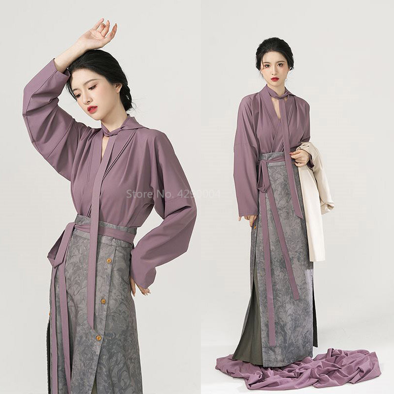 Setelan elemen Han gaya Tiongkok, kostum Hanfu kerja harian, baju ungu Hanfu ditingkatkan & rok lengan panjang pesawat Tang Qipao