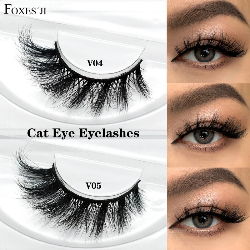 FOXESJI-Mink Eye Lashes Extensões, cílios postiços, Faixa cheia, fofo, olho de gato, macio, fino, grosso, dramático