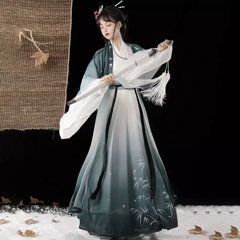 Китайское платье ханьфу, женское традиционное винтажное платье с градиентом, синее платье ханьфу, семейное платье на день рождения