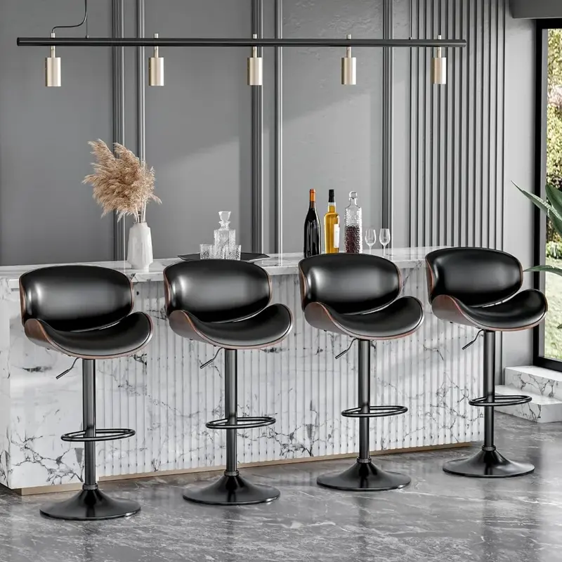 Барный стул набор из 4 предметов, Регулируемый поворотный кожаный барный стул с обивкой по высоте, барные стулья для кухонного островка с спинкой, барные стулья