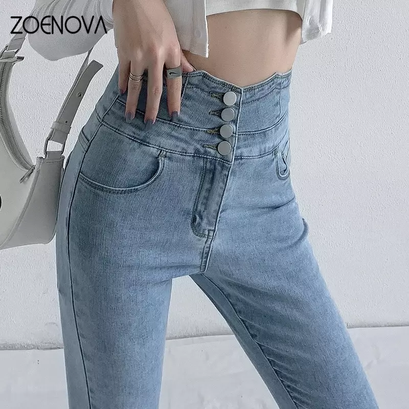 ZOENOVA نحيل جينز رفيع أربعة أزرار خمر عالية الخصر المرأة سليم تمتد الدينيم السراويل ضيق بنطلون 2022 بنطلون نسائي
