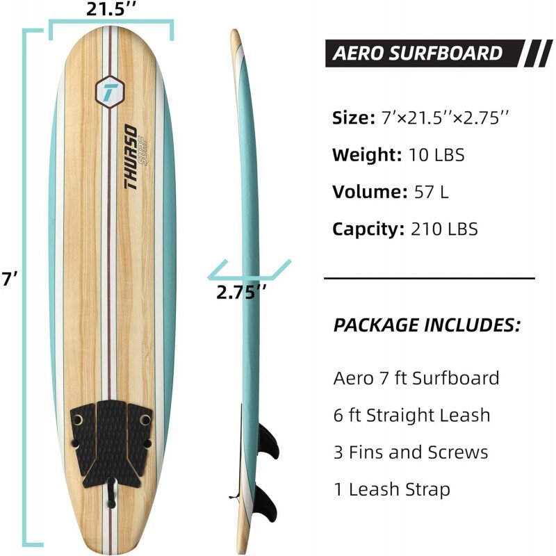 THURSO SURF Aero 7ft Soft Top Foam Beginner Surfboard for Adults and Kids Perfect Longboard for Surfing Beach Fun and Water Spor