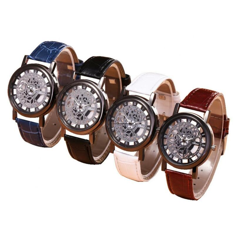 Uhren Männer Vintage einzigartige ausgehöhlte Edelstahl Luxus Quarz Sport Leder Regarder ver смотреть Relogio Feminino Uhr