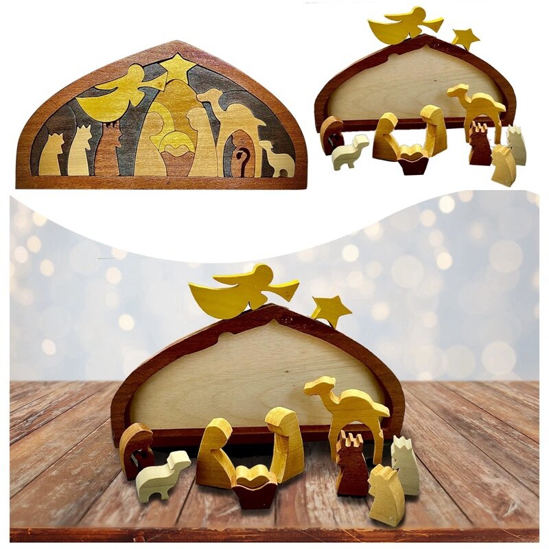 لغز ميلاد يسوع الخشبي ، تصميم فريد من نوعه محترق بالخشب ، إكسسوارات ديكور منزلي للأطفال ، تمثال للبالغين