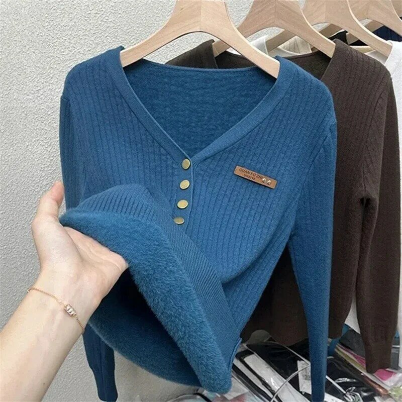 Thicken Warm Plus Velvet Winter Sweater Women Casual V-neck Button Decoration Design Basic Solid Knit Pullover Bottomed Sweaters