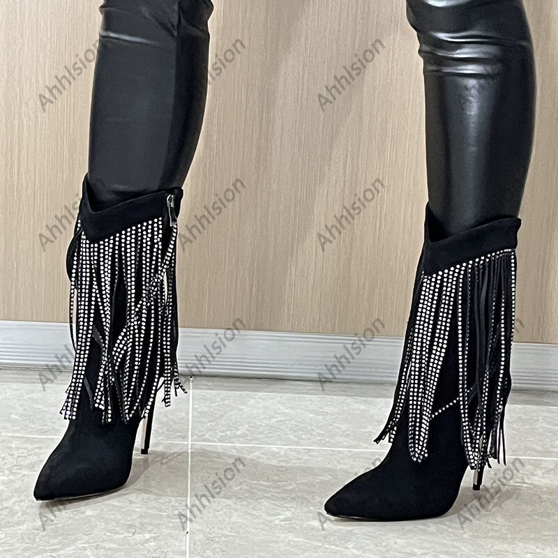 Ahhlsion-Rhinestone Stiletto Ankle Boots para mulheres, sexy dedo apontado, sapatos de clube preto, dedo apontado, inverno, plus size 5-13