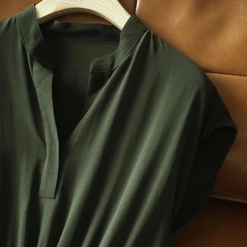 Vestidos de oficina con cuello en V para mujer, jersey de gasa con cinturón de fibra sintética, novedad de verano