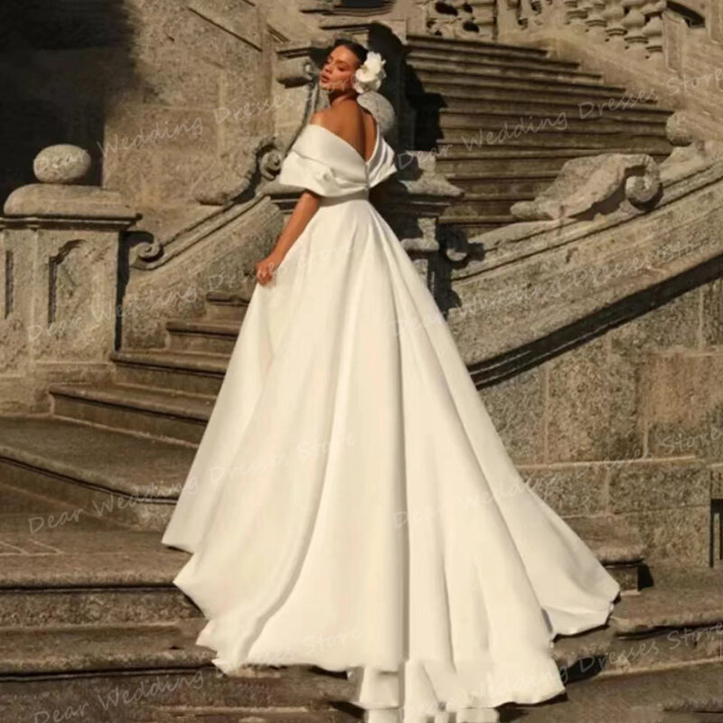 Simples plissado cetim vestidos de casamento para mulheres, uma linha, fora do ombro, vestidos de noiva, sexy sem encosto, festa formal, 2022