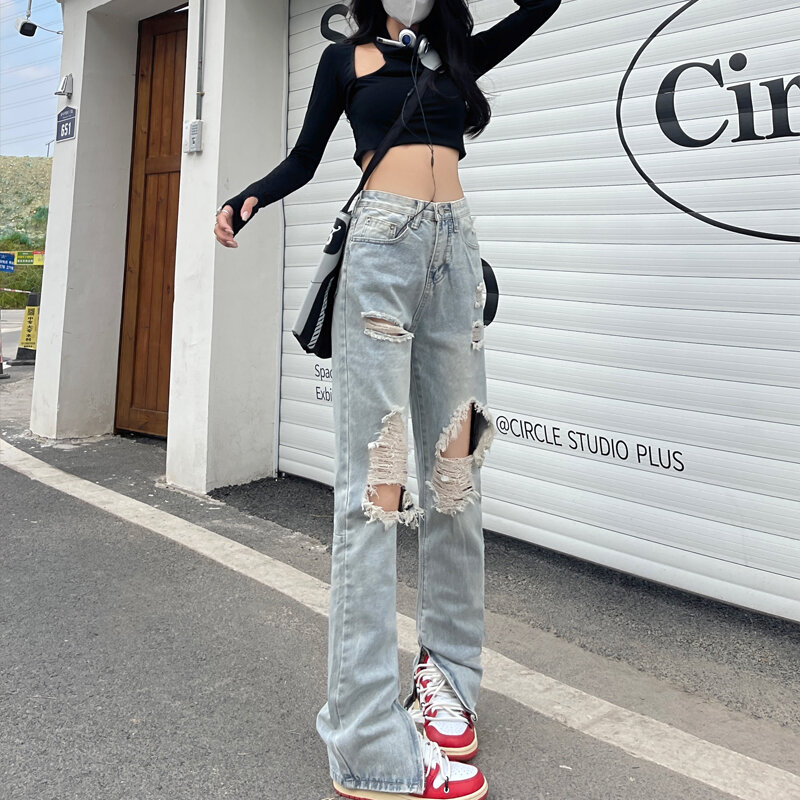 Streetwear Jeans strappati Vintage donna nuovo lavaggio a vita alta vecchi pantaloni dritti con spacco pantaloni in Denim moda ragazze Grunge