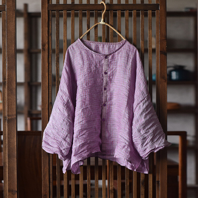 Ramie-camisas finas y ligeras para mujer, blusas estampadas de manga larga con botones, cárdigan, primavera y verano, 2024