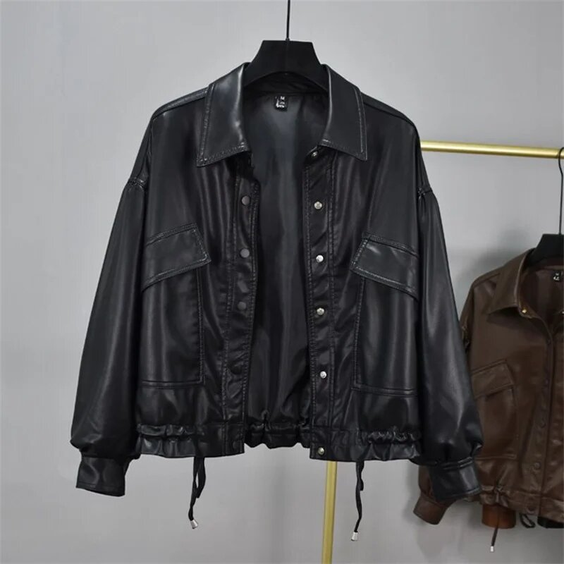 Демисезонная Европейская мода, женская маленькая кожаная куртка из искусственной кожи, новинка 2024, короткая верхняя одежда, мотоциклетное пальто на шнуровке, Женское пальто