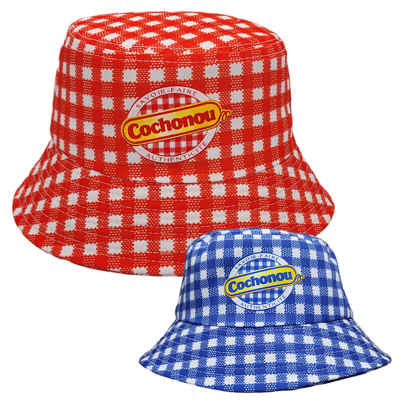 Cochonou BOB หมวกทรงถังสีแดงลายสก๊อตสำหรับผู้ชายผู้หญิงระบายอากาศได้ทั้งชายและหญิงหมวกปานามาหมวกตกปลา