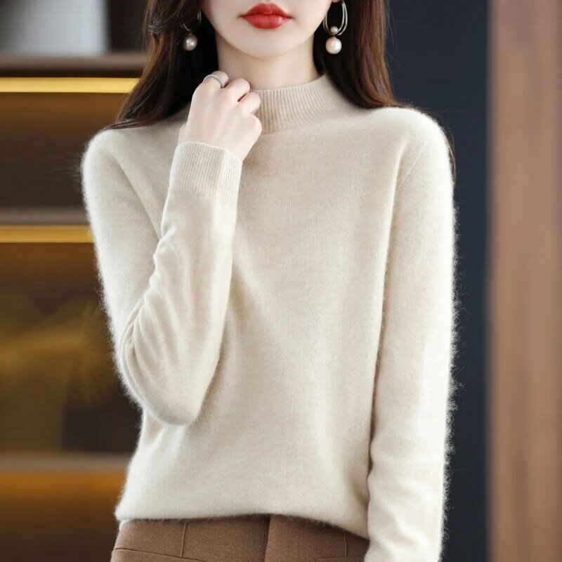 Pulôver feminino de gola alta, suéter de lã 100% puro, top fino que combina com tudo, outer wear monocromático, novo, outono, inverno, 2022