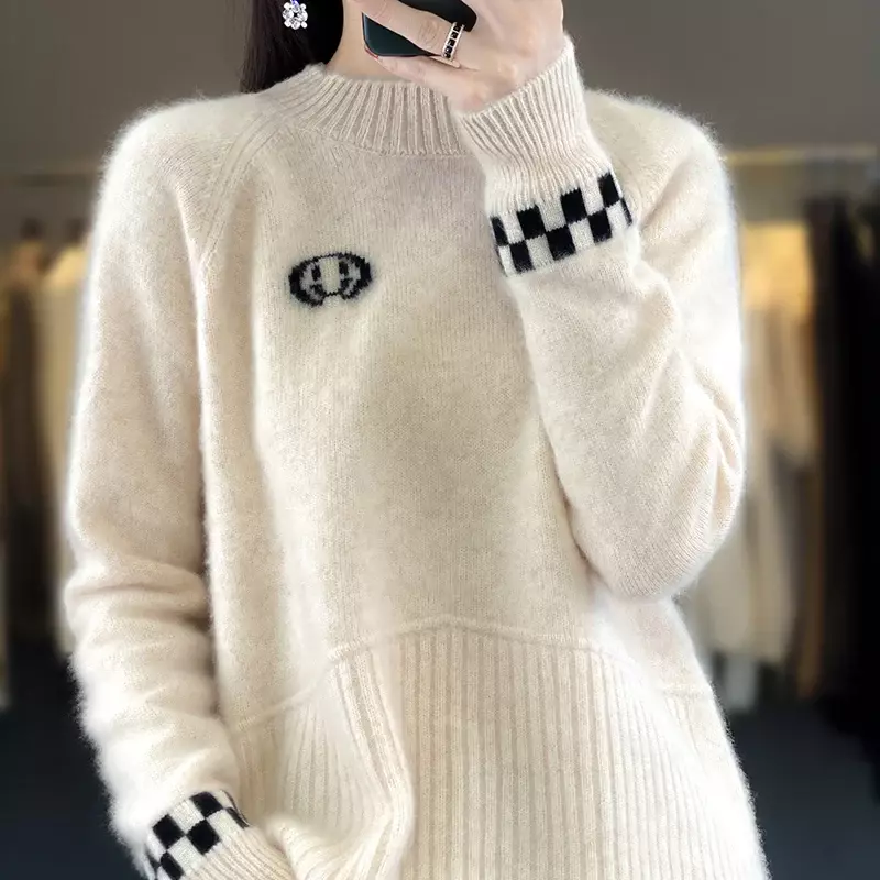 Pulôver feminino de manga comprida com gola alta, suéter básico tricotar, 100% lã merino, top coreano de alta qualidade, outono