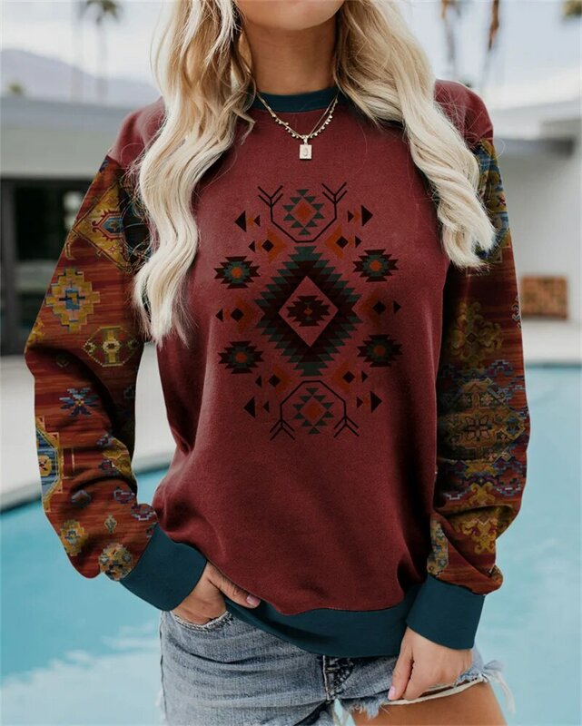 Geometric Colour Blocking Printed Sweatshirt Women Fashion Casual Loose Office Long Sleeve O Neck Pullover Hoodies Autumn Tops