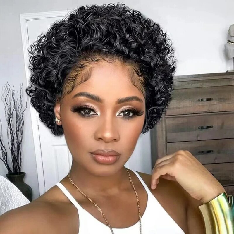 Brown Ombre Pixie Cut Wig Short Bob Curly Human Hair Wigs perruque bresillienne 99J Burgundy1B/Ginger Orange Water Deep Wave Wig