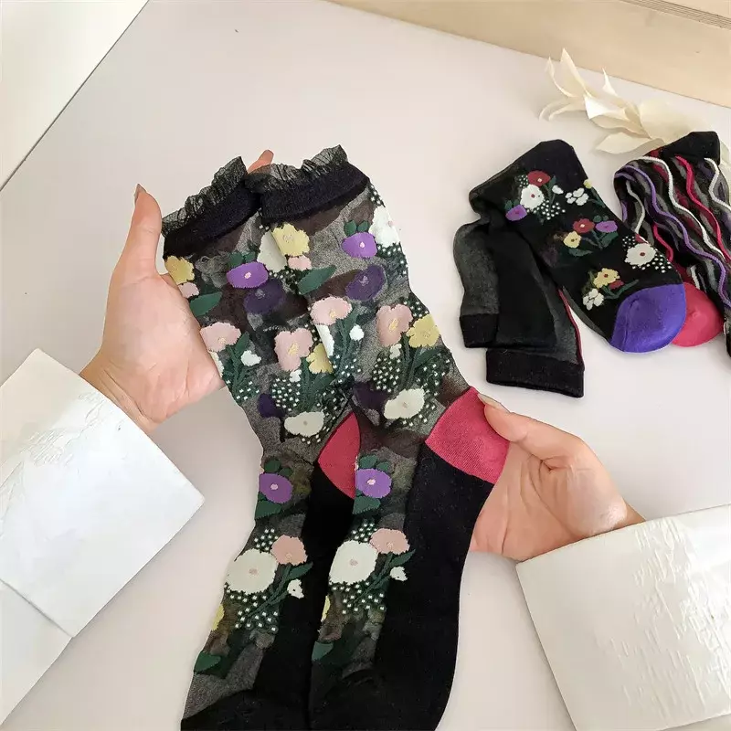 3 Pairs Women's Socks New Fashion Black Socks Breathable Casual Sweet Girls Thin Transparent Crew SocksSet Mixed-color Comfort