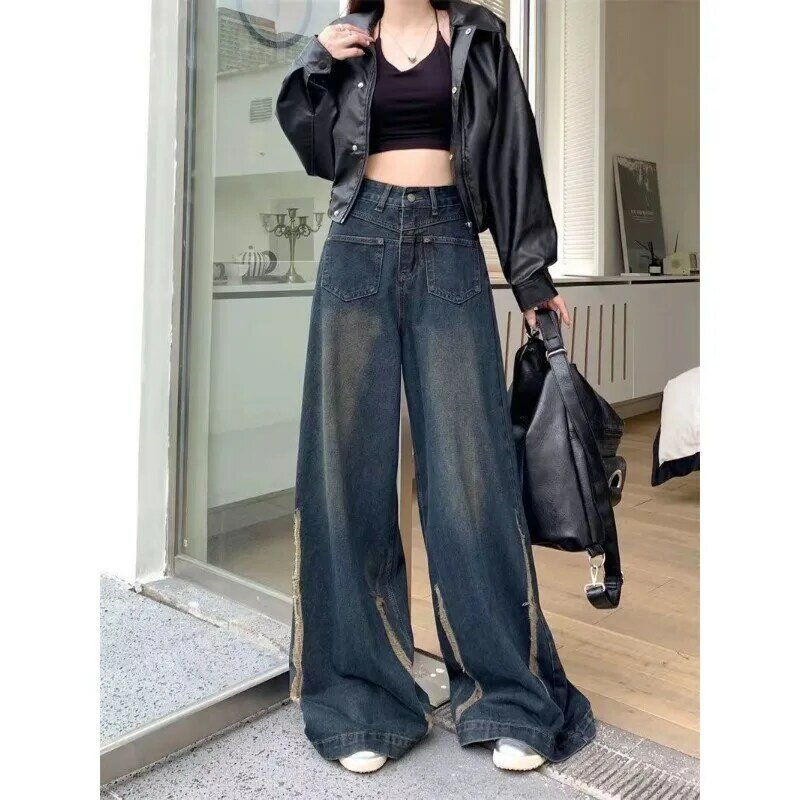 Винтажные мешковатые джинсы Deeptown Y2k, женские корейские свободные джинсовые брюки с широкими штанинами, модные американские уличные брюки с завышенной талией