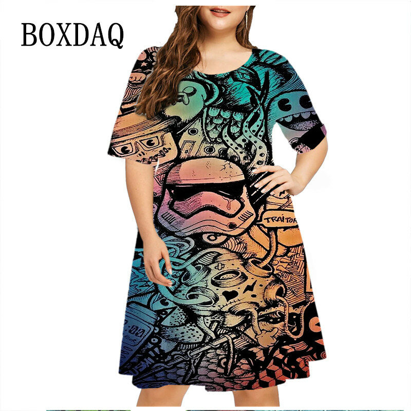 6xl plus Größe Frauen Kleid Sommer Mode Farbverlauf Graffiti 3D-Druck Hip Hop Kleid lässig Kurzarm lose große Kleid Vestidos