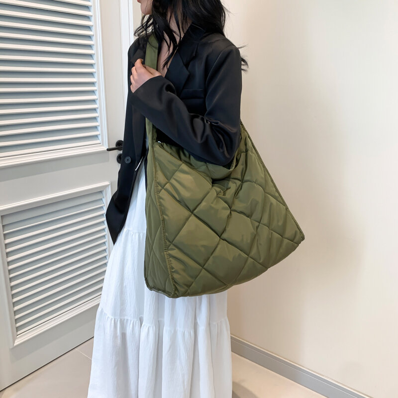 HISUELY 2024 Fashion Simple Women Quilted Satchels bag Lightweight shoulder bag Nylon Crossbody Bag Large capacity Work Purses