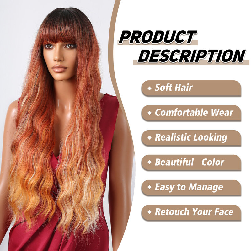 Pelucas sintéticas con flequillo para mujer, pelo largo ondulado de color rojo, marrón, cobre y naranja, para fiesta de Cosplay, resistente al calor