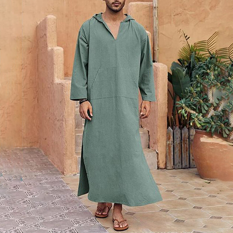 Manto monocromático com capuz masculino, robe simples, longo, tradicional, Oriente Médio, estilo étnico, muçulmano, árabe, casual diário, roupa étnica