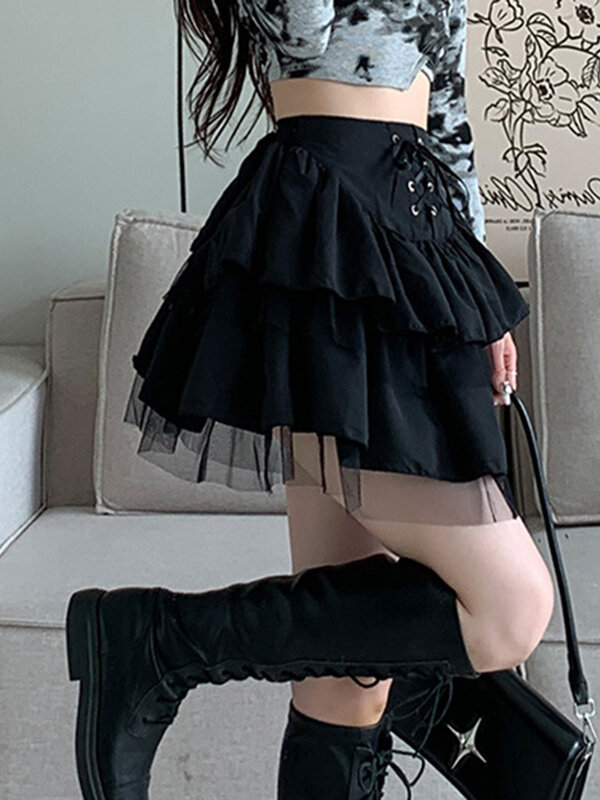 Desain baru musim panas rok seksi jaring-jaring pakaian klub Mini pakaian jalan pinggang tinggi hitam bawahan pendek model A-Line cantik