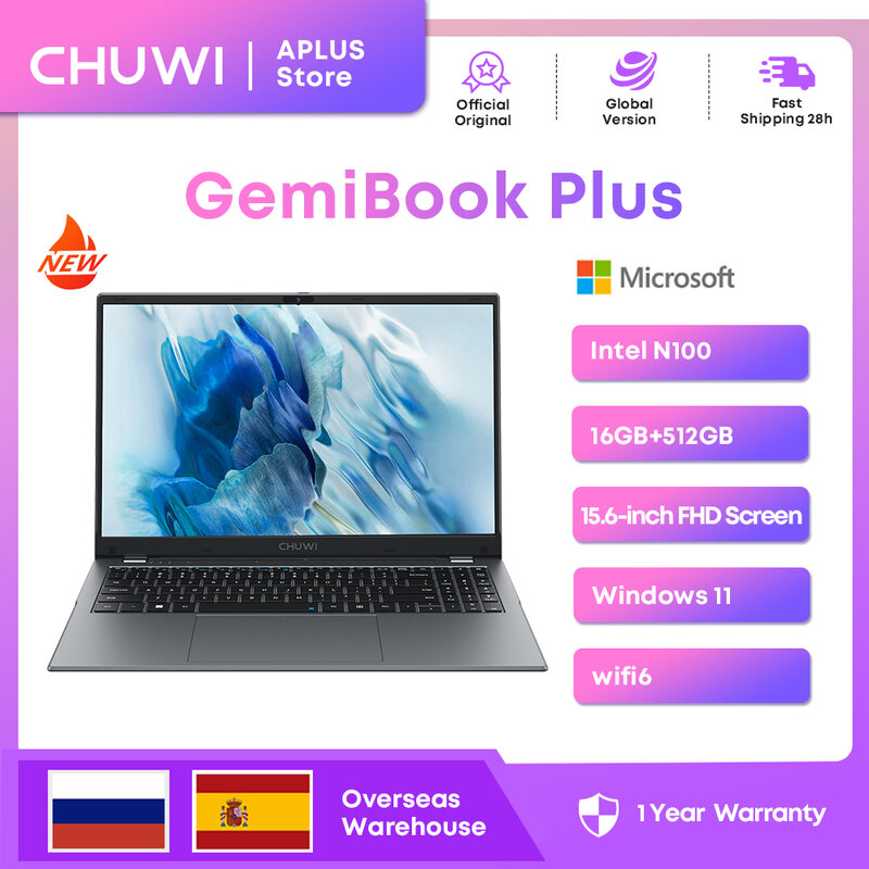 CHUWI GemiBook Plus 노트북, 인텔 알더 레이크 N100, 15.6 인치 FHD 1920x1080 와이파이 6, 윈도우 11 노트북, 16GB LPDDR5, 512GB SSD