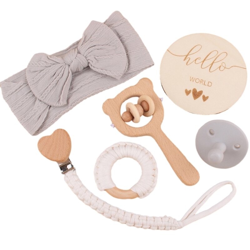 6Pcs Baby Schnuller Kette Bowknot Kopf Wrap Beißring Perle Silikon Nippel Häkeln Beruhigende Set Infant Weihnachten Geschenk