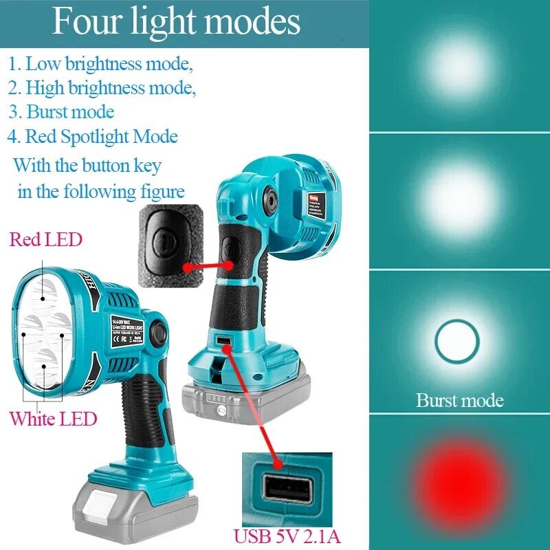 Portable Spotlight LED Warning Light Work Lamp Flashlight Torch Hand Lantern for Makita 14.4V 18V BL1830 BL1430 Li-ion Battery