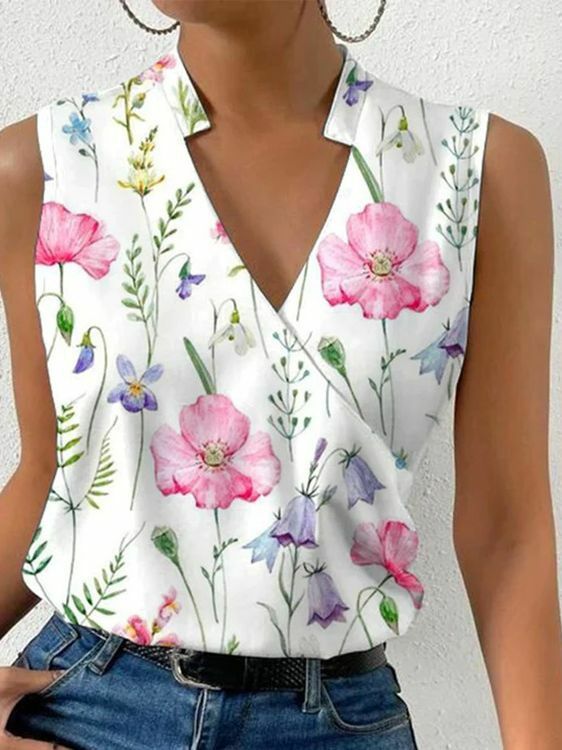 Mode V-Hals Mouwloze Print Vrouwen Tops En Blouses 2023 Zomer Casual Witte Tank Top Femme Shirt Blouse