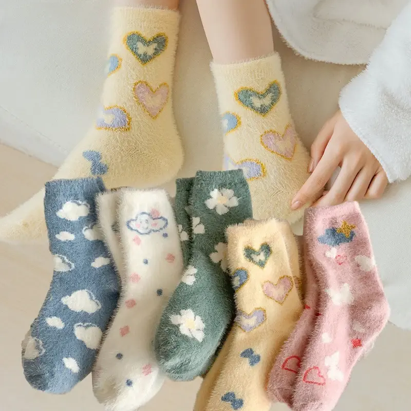 Japanese Kawaii Cute Socks Autumn Winter Thicken Warm Soft Plush Women Socks Coral Fleece Thermal Homewear Floor Sleeping Socks
