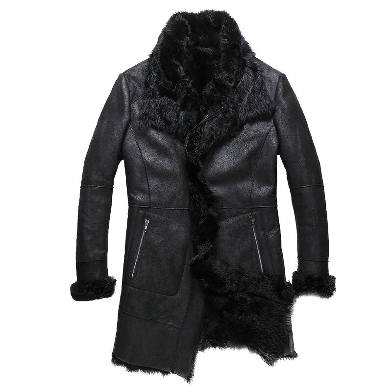 Jaket kulit asli panjang hitam kualitas tinggi mantel kulit domba musim dingin pria jaket dan mantel wol keriting Linner pria asli
